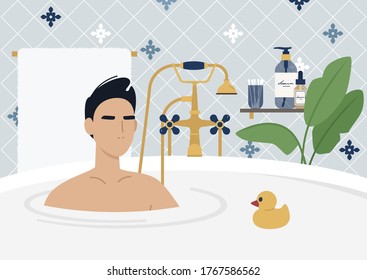 Young male character taking a bath, beautiful vintage furniture, golden old fashion faucet, tropical plants, skin care products, modern luxury lifestyle