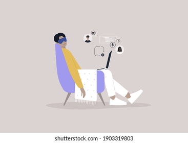 A young male character taking a nap during the working day, missed calls and messages