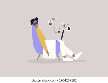 A young male character taking a nap during the working day, missed calls and messages, the lack of motivation