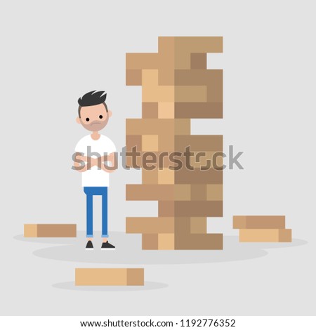 Young male character taking turn removing a block from a tower constructed of wooden bricks. Strategic thinking. Flat editable vector illustration, clip art