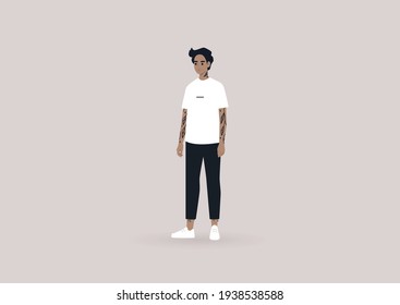 A young male character with tattoos wearing casual clothes, a modern lifestyle concept