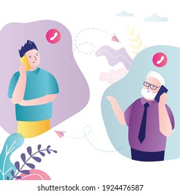 Young male character tells news to elderly father. Grandson and grandfather calls up to communicate. Handsome man and grandad communicating on mobile phones. Family relationship. Vector illustration