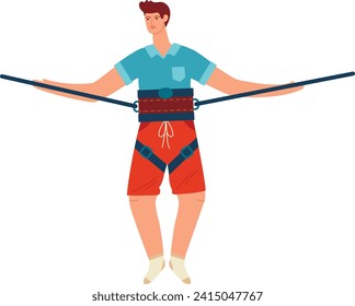 Young male character tied up with ropes trying an escape game. Casual style, challenge and problem-solving concept vector illustration.