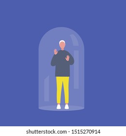 Young male character trapped under the glass dome calling for help. Mental health concept. Flat editable vector illustration, clip art