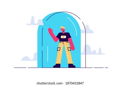 Young male character trapped under the glass dome calling for help. Mental health concept. Flat editable vector illustration, clip art