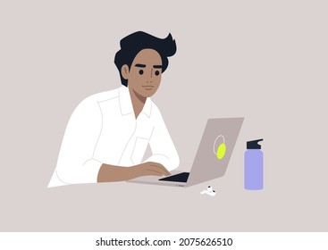 A young male character typing on a laptop, office daily life