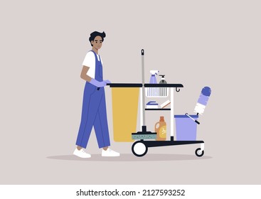 A young male character in a uniform rolling a hotel cleaning service cart