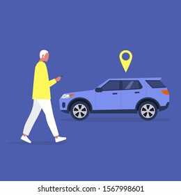 Young male character using a car sharing mobile app service, millennial lifestyle