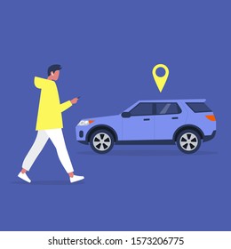 Young Male Character Using A Car Sharing Mobile App Service, Millennial Lifestyle