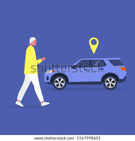 Young male character using a car sharing mobile app service, millennial lifestyle