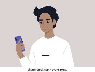 A young male character using a mobile phone, millennial daily life