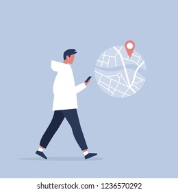 Young male character using a navigational app. Map and geo tag. Millennials and devices. Flat editable vector illustration, clip art