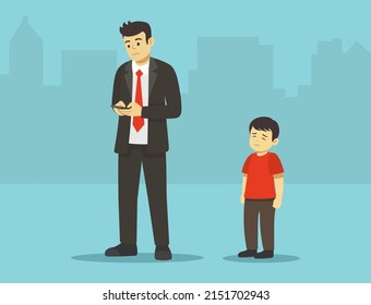 Young male character using phone and don't pay attention to his kid. Sad male boy stands behind his father. Flat vector illustration template.