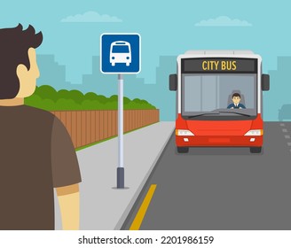 Young male character is waiting for city bus. Back view of a passenger at bus stop. Flat vector illustration template.