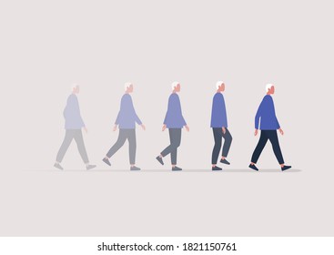 A young male character walking in a blurred motion, an animation sequence