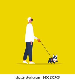 Young male character walking with a dog on a leash. Recreation. Outdoor. Modern lifestyle. Flat editable vector illustration, clip art