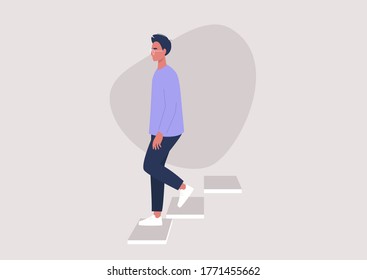 Young male character walking down the stairs, building entrance, daily routine