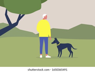 Young male character walking with their dog in the woods, outdoor leisure activities, summer time