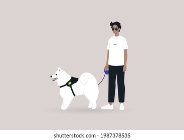 A young male character walking with their samoyed fluffy dog, modern urban lifestyle