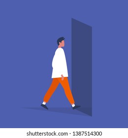 Joven personaje masculino caminando por la puerta. Vida diaria. Ilustración vectorial plana editable, imagen prediseñada