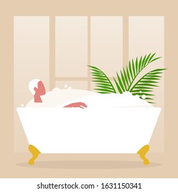 Young male character washing in a clawfoot vintage bathtub full of soap foam, relaxation and body treatment