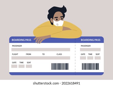 Young male character wearing a face mask and leaning on a boarding pass image, coronavirus travel restrictions concept