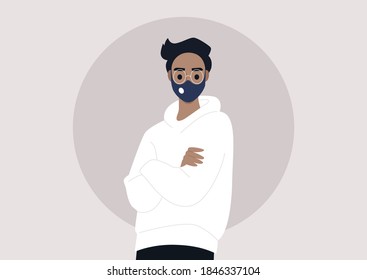 A young male character wearing a mask, a pandemic protection, flat vector illustration