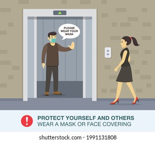 Young male character wearing a medical mask makes a stop gesture with his hand. Wear a mask or face covering in elevators rule. Flat vector illustration template.