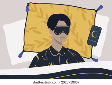 A young male character wearing a night mask and silk pajamas in bed, a mobile phone on silent mode next to them on a pillow