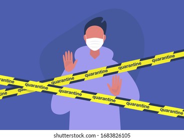 Young male character wearing a protective mask behind the quarantine yellow tape, coronavirus outbreak, social isolation