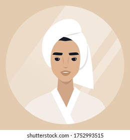 Young male character wearing a towel wrapped at the side of their head, daily body care routine