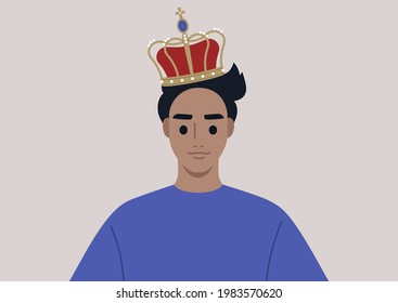 A young male character wearing a vintage golden crown with pearls and velvet, a royal family theme