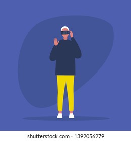 Young male character wearing a virtual reality headset. VR. AR. New technologies. Millennial gadgets and lifestyle / flat editable vector illustration