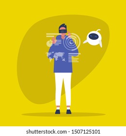 Young male character wearing a virtual reality headset. VR. AR. New technologies. Cute robot. Machine learning. Millennial gadgets and lifestyle / flat editable vector illustration