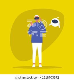 Young male character wearing a virtual reality headset. VR. AR. New technologies. Cute robot. Machine learning. Millennial gadgets and lifestyle / flat editable vector illustration