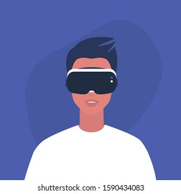 Young male character wearing a virtual reality headset, Millennial gadgets and lifestyle