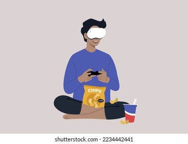 A young male character wearing a VR headset, playing a video game console, and munching snacks, a wireless entertainment technology, modern lifestyle