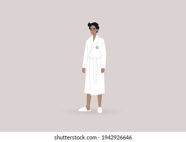 A young male character wearing a white hotel bathrobe and slippers, a luxury lifestyle concept, wellbeing and body care