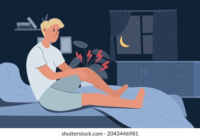 Young male character woke up in the middle of the night from strong leg pain. A man having a cramp in his bed at home. Sudden pain in the middle of the night. Flat cartoon vector illustration