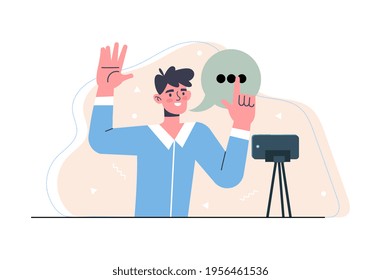 Young male character is working as a freelance blogger. Smiling man is recording himself on smartphone remotely from home. Man is working from his home office. Flat cartoon vector illustration