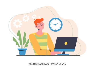 Young male character is working as a freelance designer. Cheerful redhead man is working on computer remotely from home. Man is working from his home office. Flat cartoon vector illustration