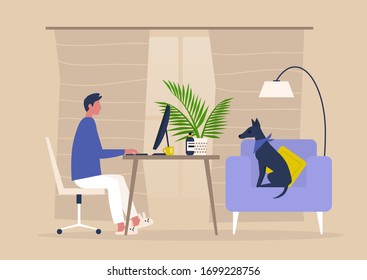 Young male character working from home, self isolation, workspace in the living room