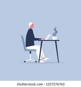 Young male character working in the office. Furniture. Cabinet. Workspace. Millennials at work. Flat editable vector illustration, clip art