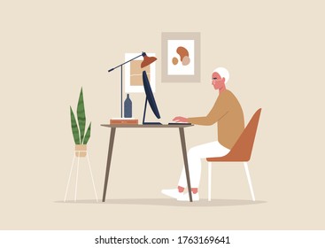 Young male character working at the office, posters and plants, cozy workplace interior, millennials at work