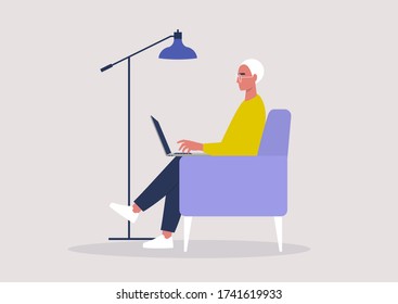 Young male character working on a laptop from home, social distancing, remote office