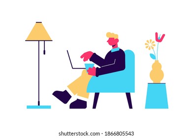 Young male character working on a laptop from home, social distancing, remote office