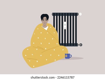 A young male character wrapped in a blanket sitting on the floor next to the heating radiator, European electricity crisis