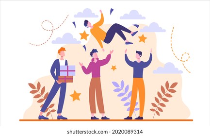 Young male characters are celebraing friends birthday together. Group of young people tossing friend up in the air with confetti flying around. Flat cartoon vector illustration