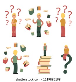 Young male characters in doubts, choosing and making decisions and students with books around set. Men in casual clothing, glasses standing, sitting with happy and sad faces. Vector illustration