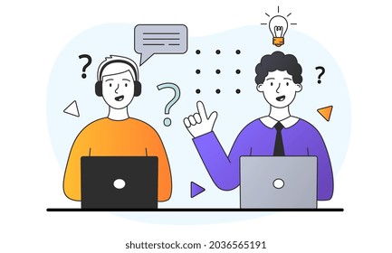 Young male characters are sitting in front of laptops and thinking about the existing problems on white background. Concept of contemplations, figuring out. Flat cartoon vector illustration